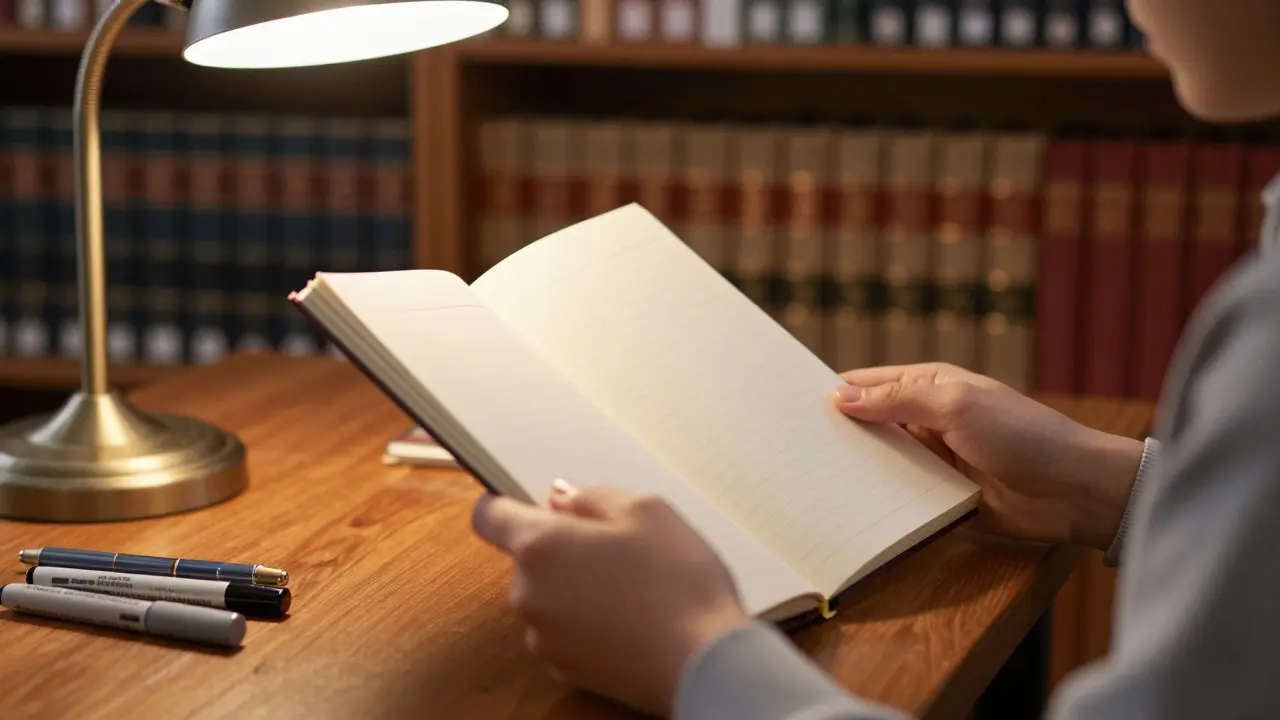 Student analyzing notes in a library while planning their university choice