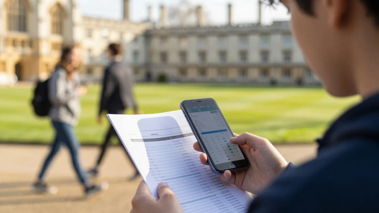 Student analyzing university ranking data on a phone in a park