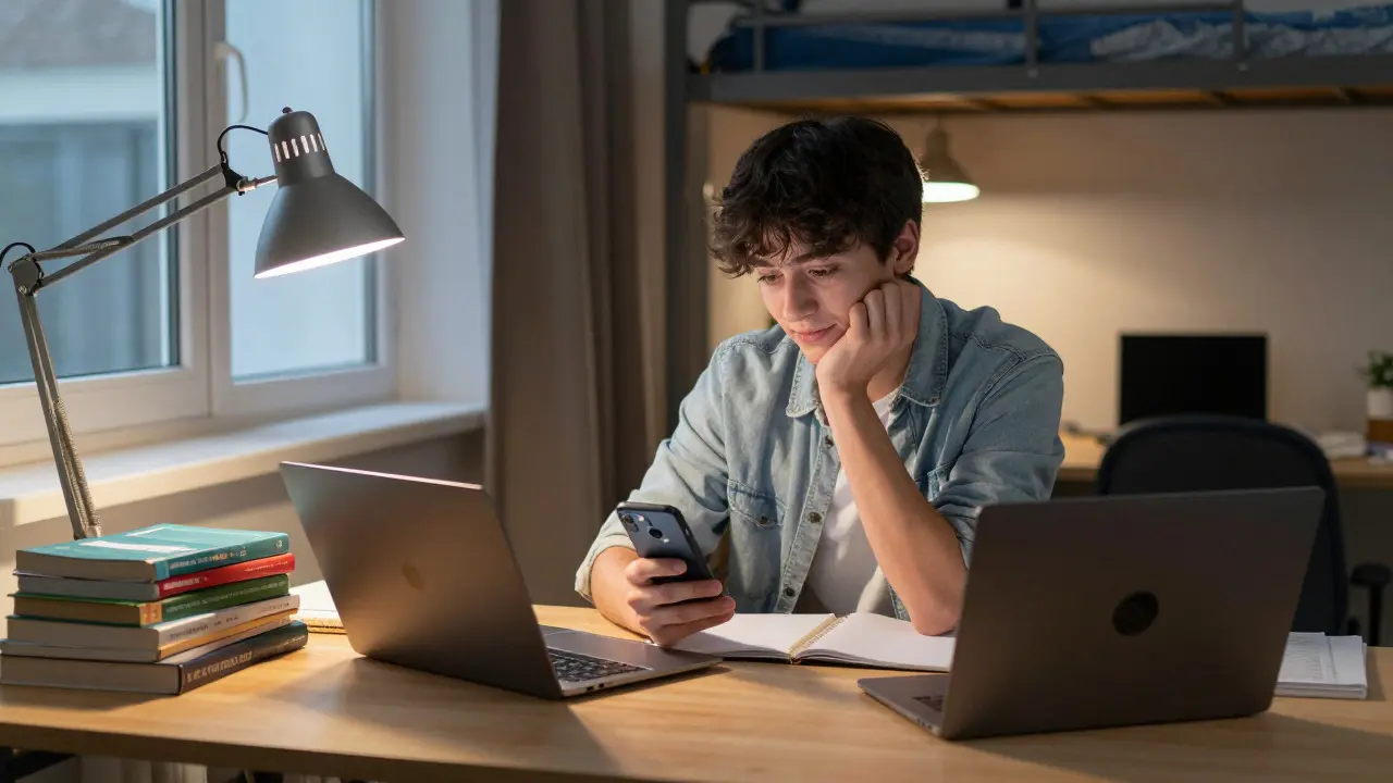 Student at a desk with two laptops and books, smiling after completing online verification