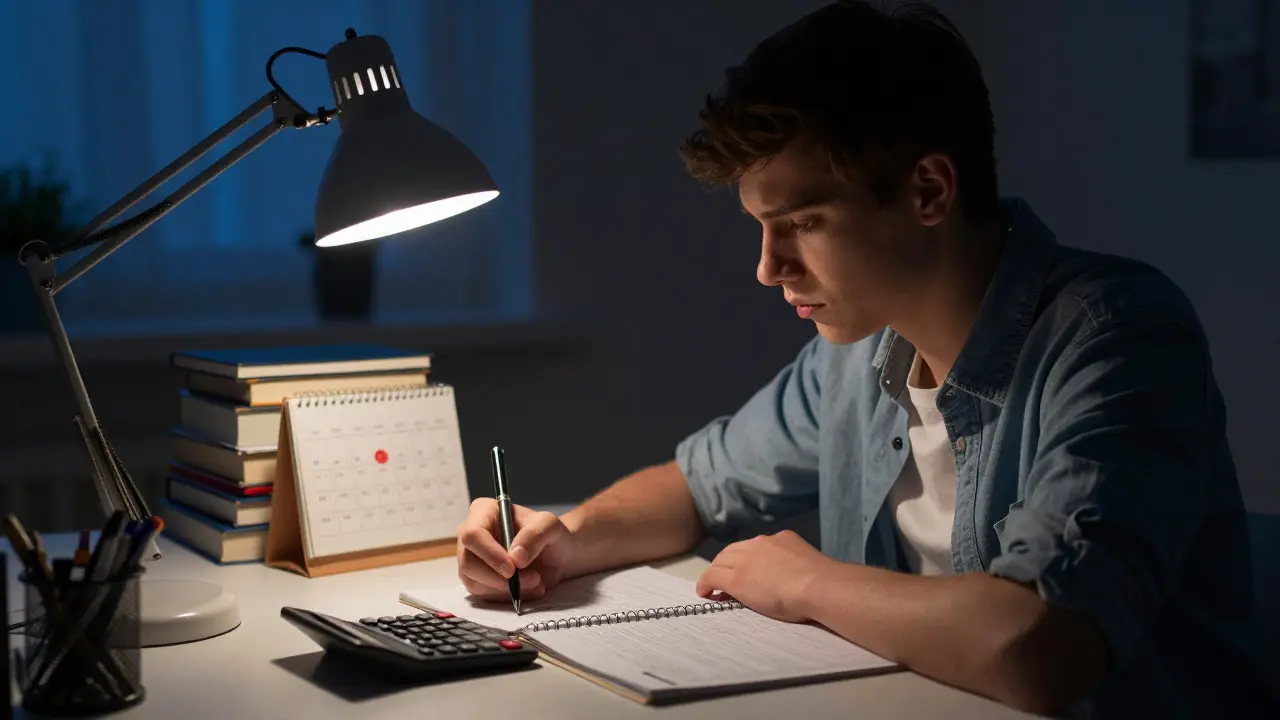 Student calculating finances at a desk under a lamp at night