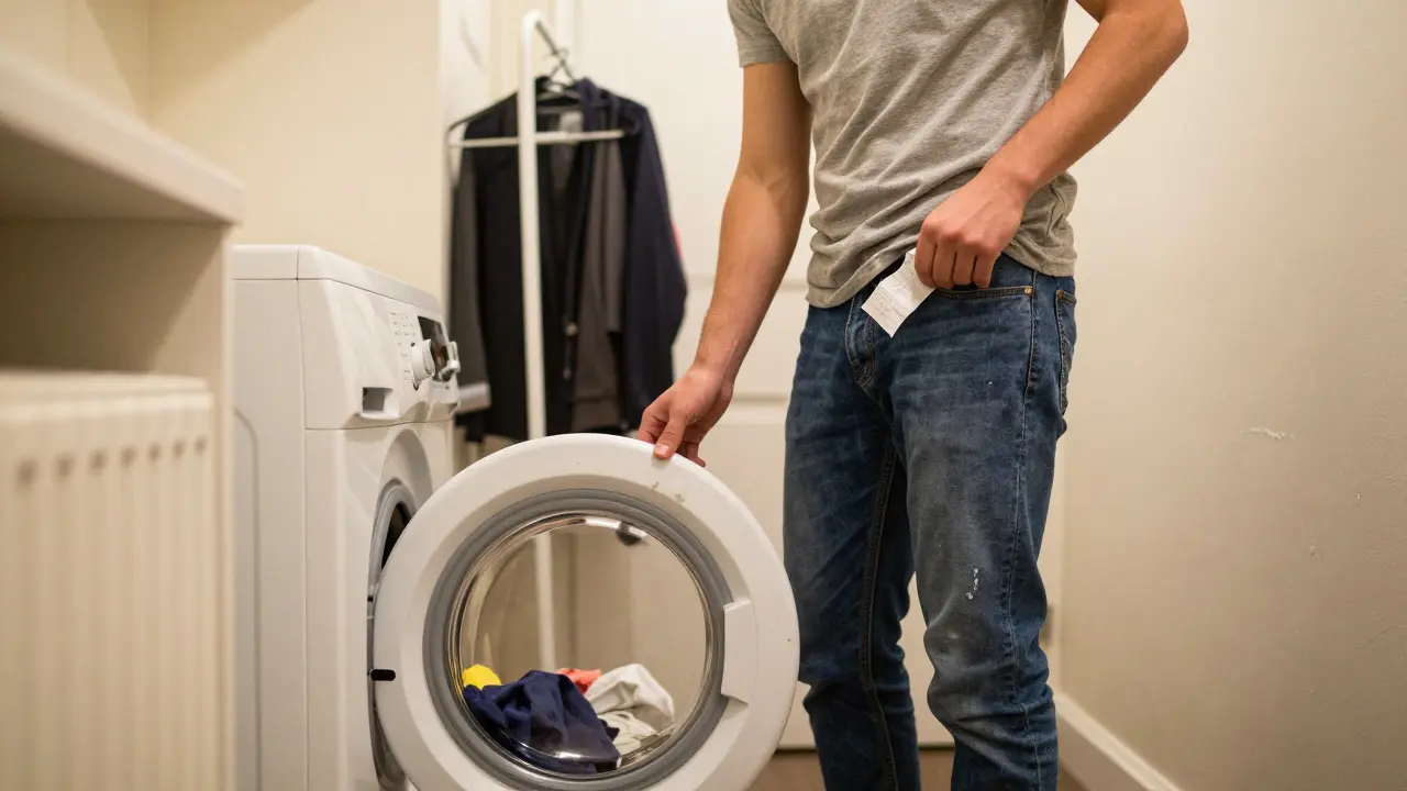 Student checking pockets before loading washing machine
