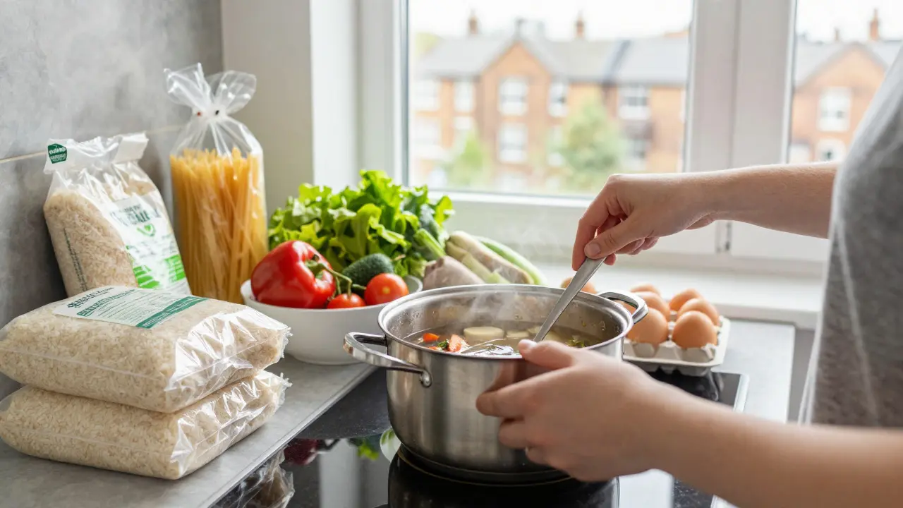 Student cooking a large pot of soup in a shared flat kitchen with budget groceries