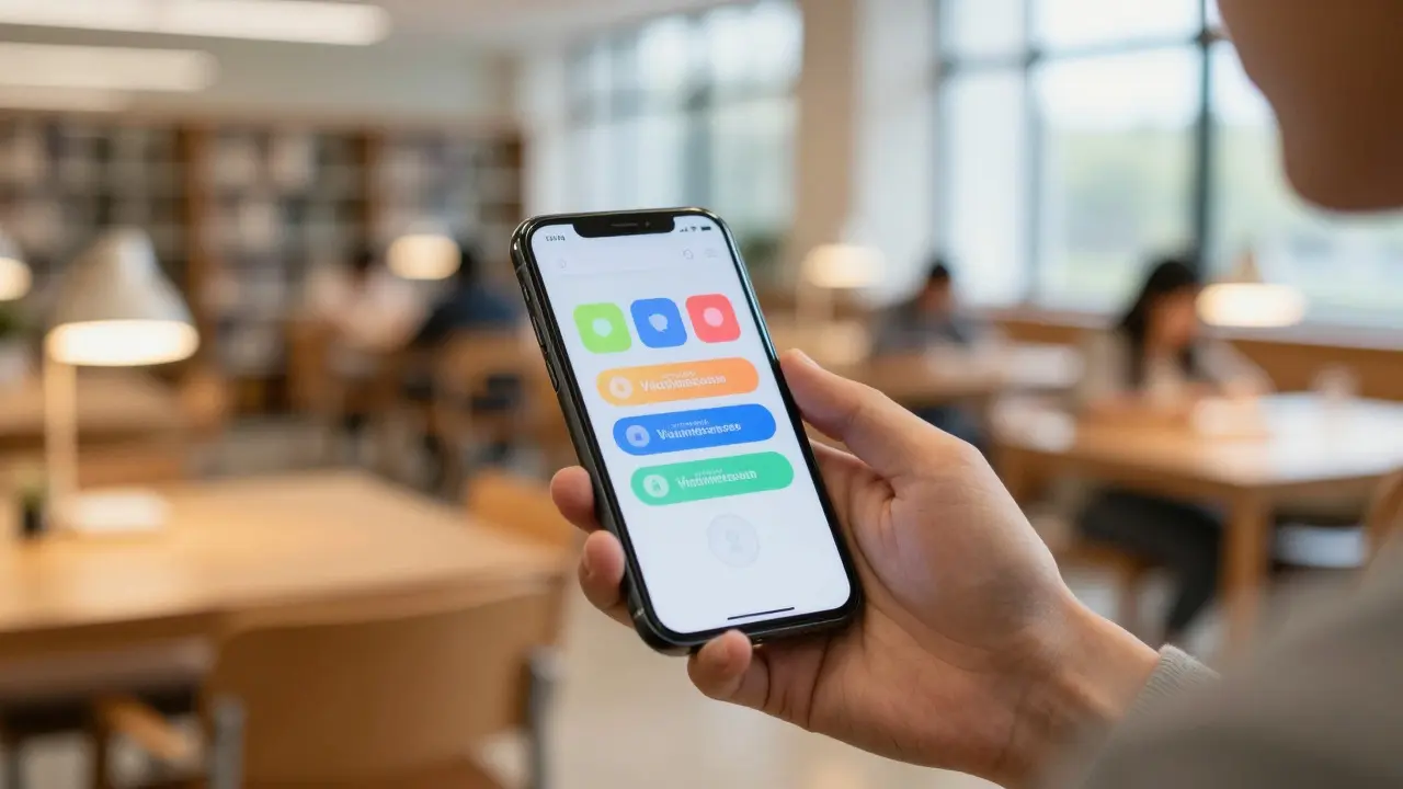 Student holding a phone showing app notifications in a university library setting