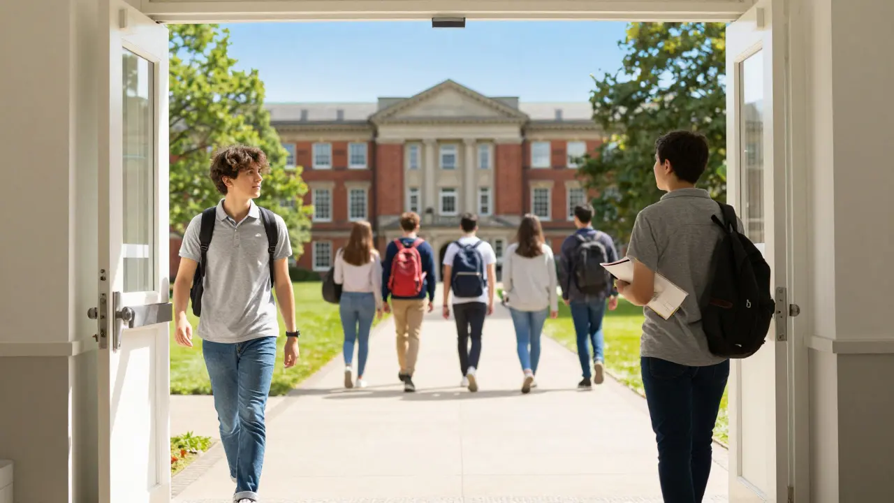Student leaving a clinic and joining university peers