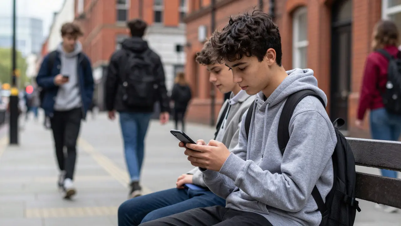 Student on a city bench using a smartphone in a busy UK street