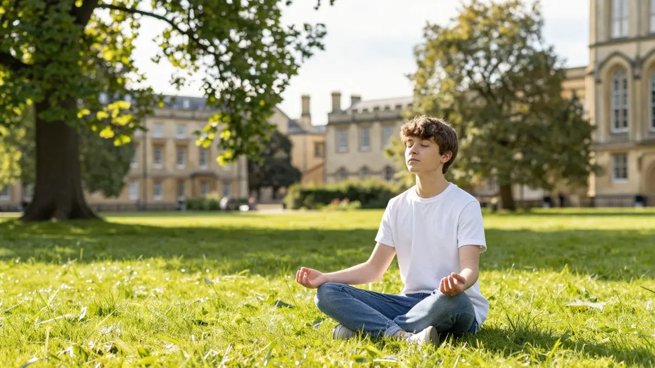 Student practicing deep breathing exercises in a sunny UK park