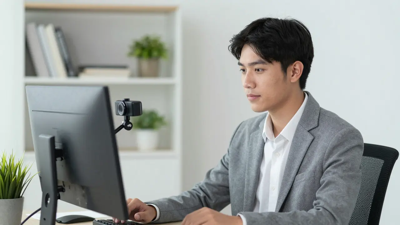 Student preparing for a virtual interview with professional setup