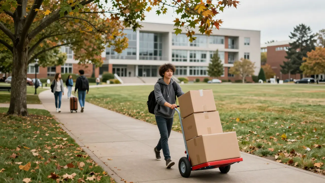 Student pushing a cart with boxes across a campus