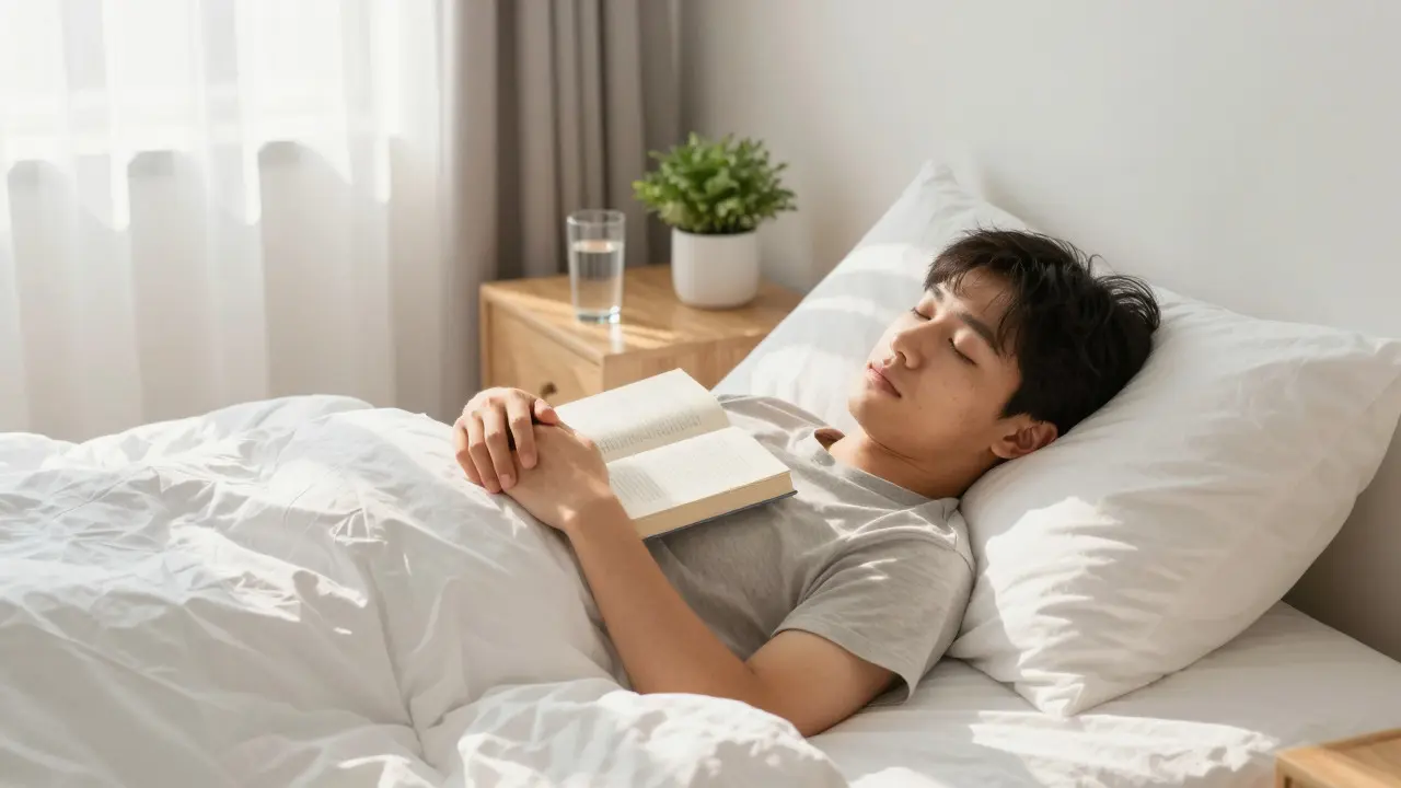 Student resting peacefully in bed during a quiet morning