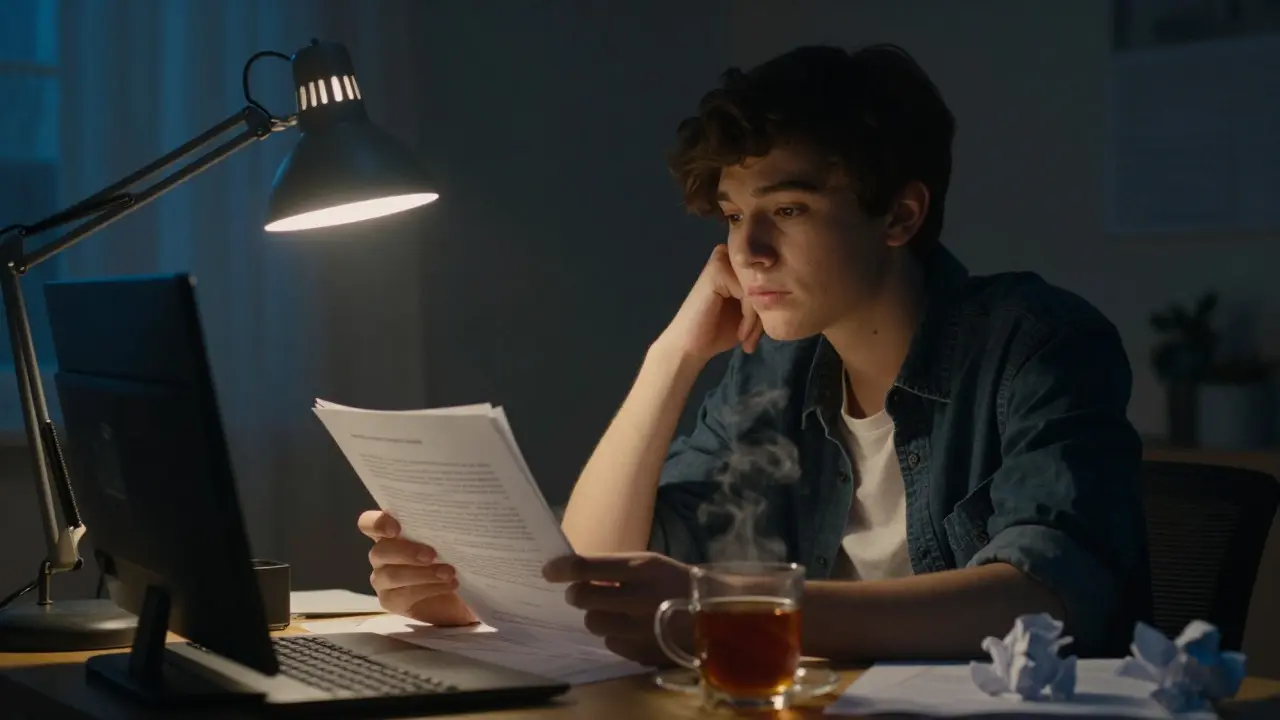 Student reviewing edited documents under warm desk lamp light