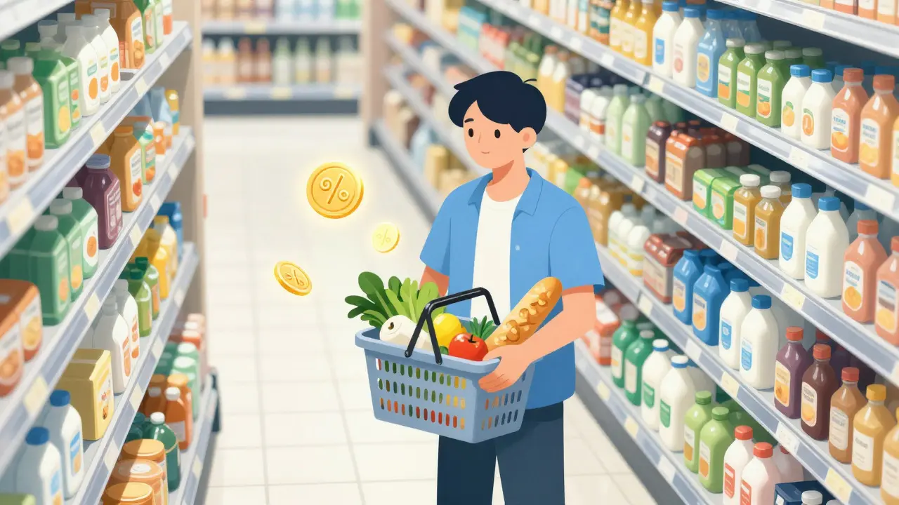 Student shopping for groceries with abstract savings symbols around them