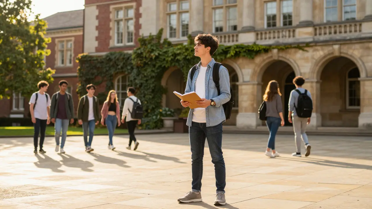 Student standing in a sunny university courtyard looking hopeful
