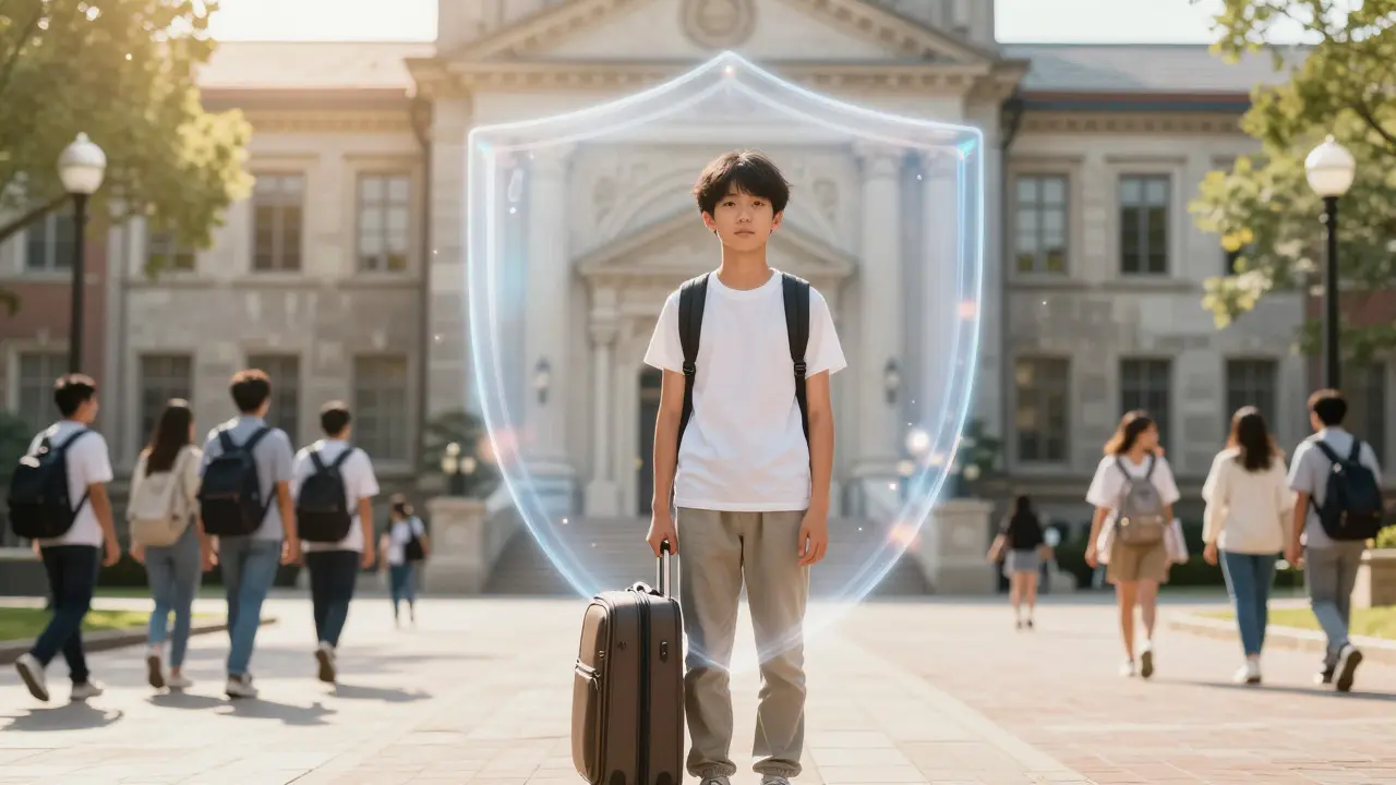 Student standing safely at a university entrance