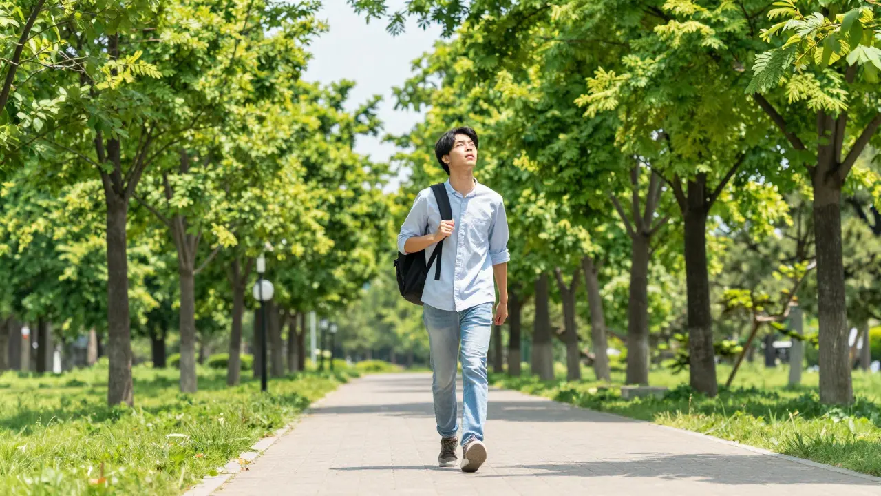 Student taking a refreshing walk in a sunny green park