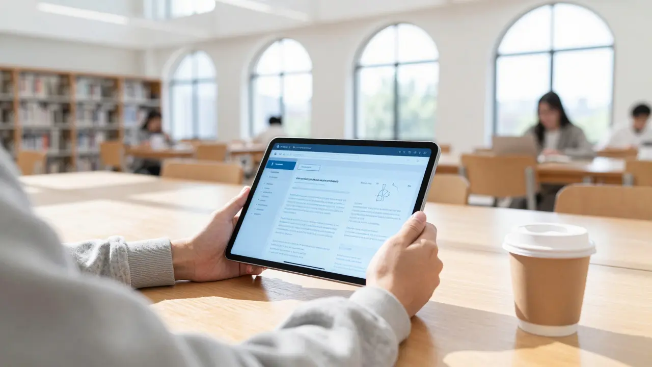 Student using a tablet in a bright library atrium