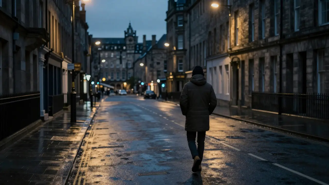 Student walking safely down a lit street late at night