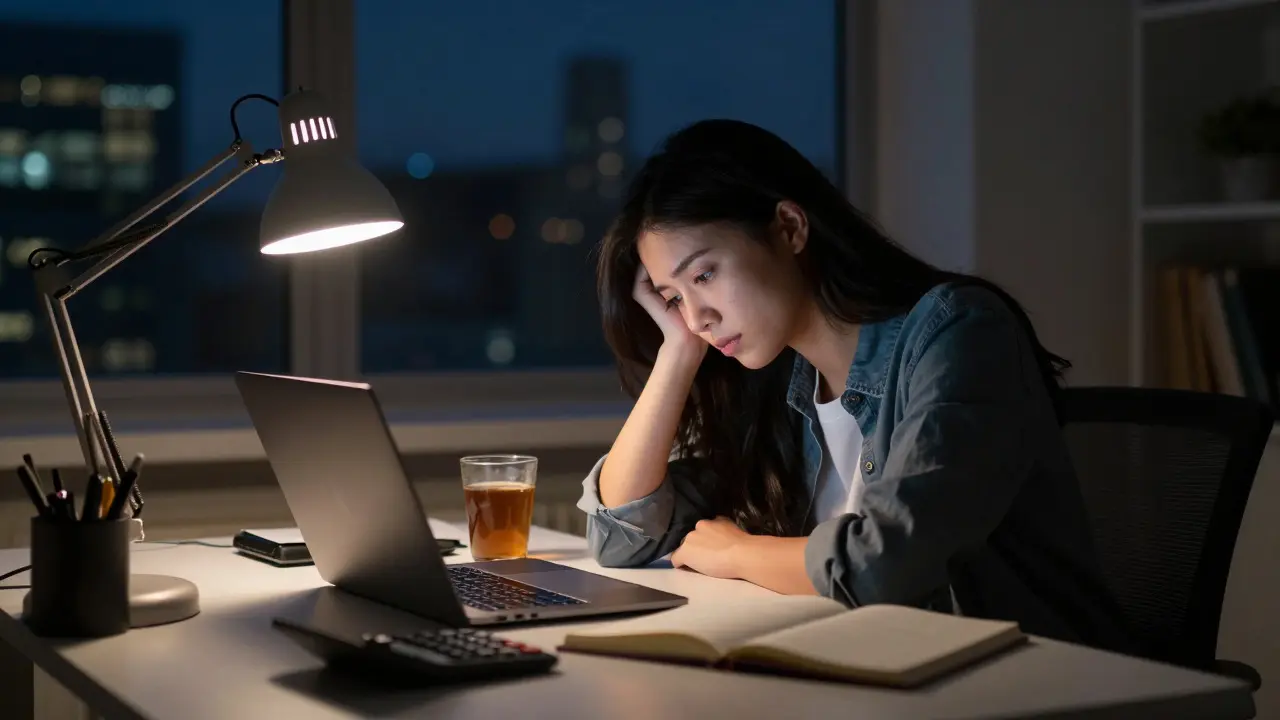 Student working late at night in a dimly lit home office, illustrating the challenge of balancing work and study