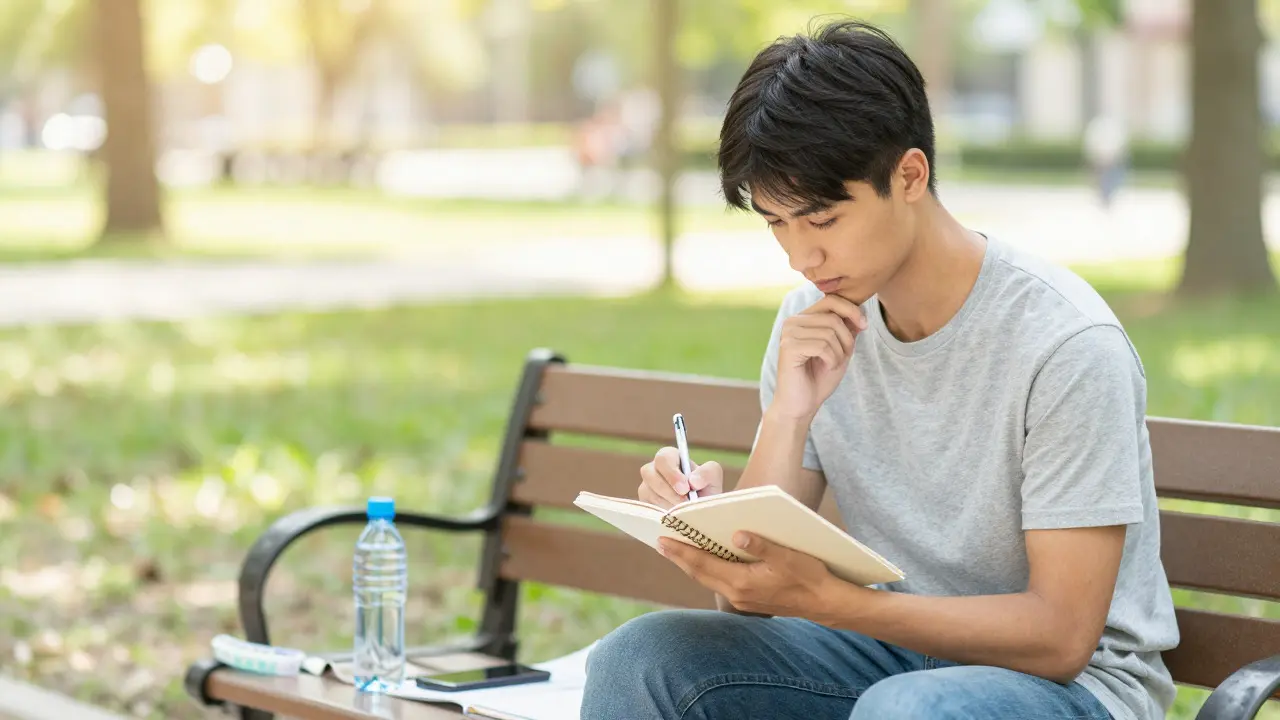 Student writing in a notebook outdoors during a sunny break