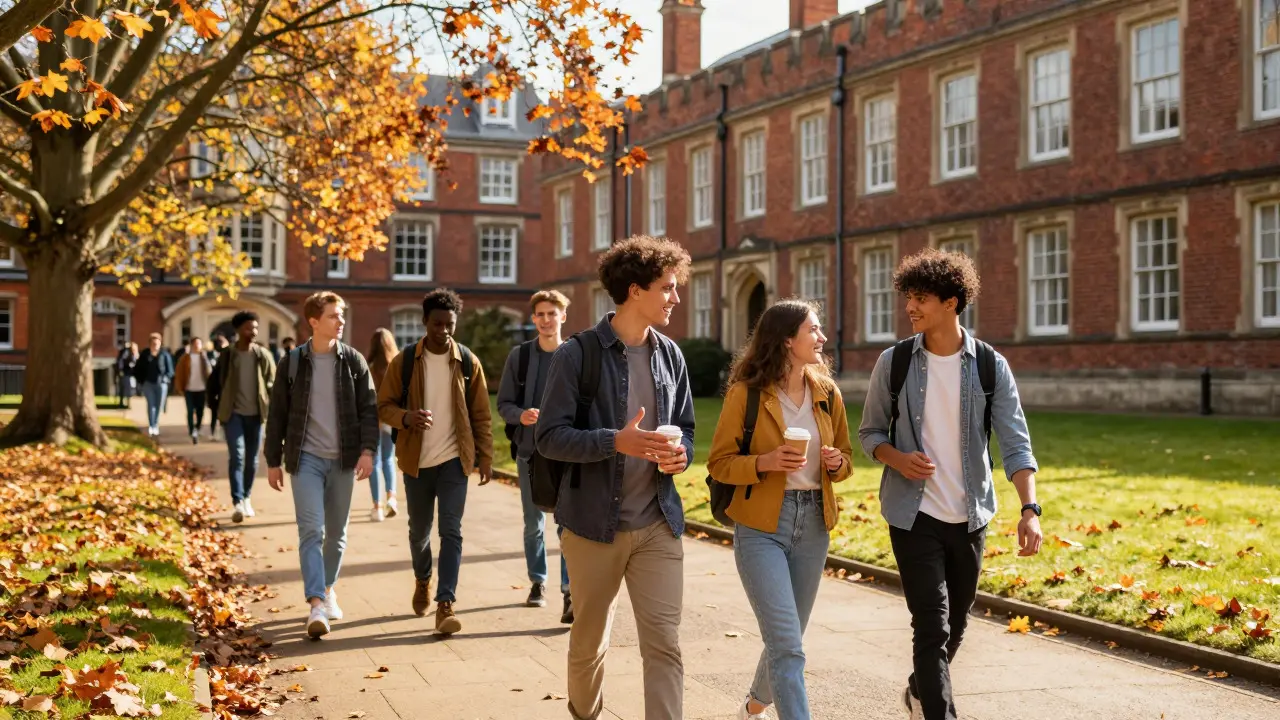 Students chatting in a sunny university courtyard with autumn trees