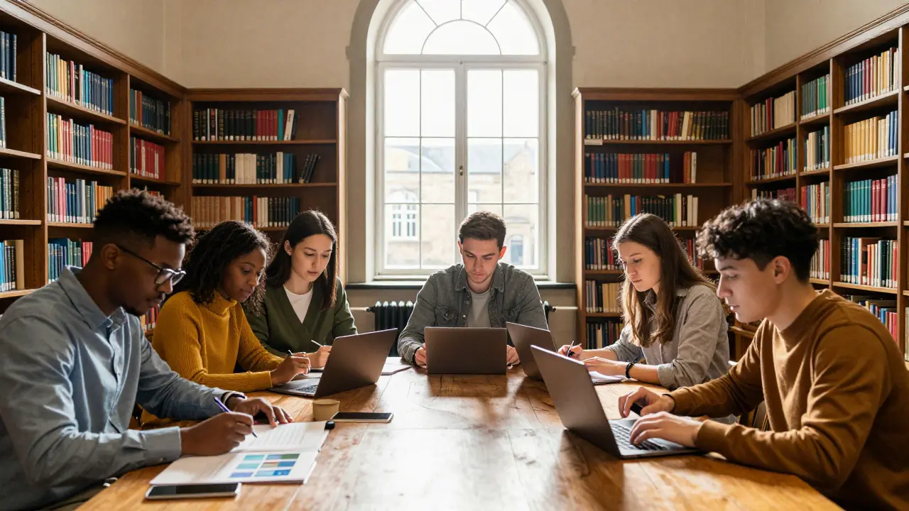 Students collaborating in a sunlit historic library