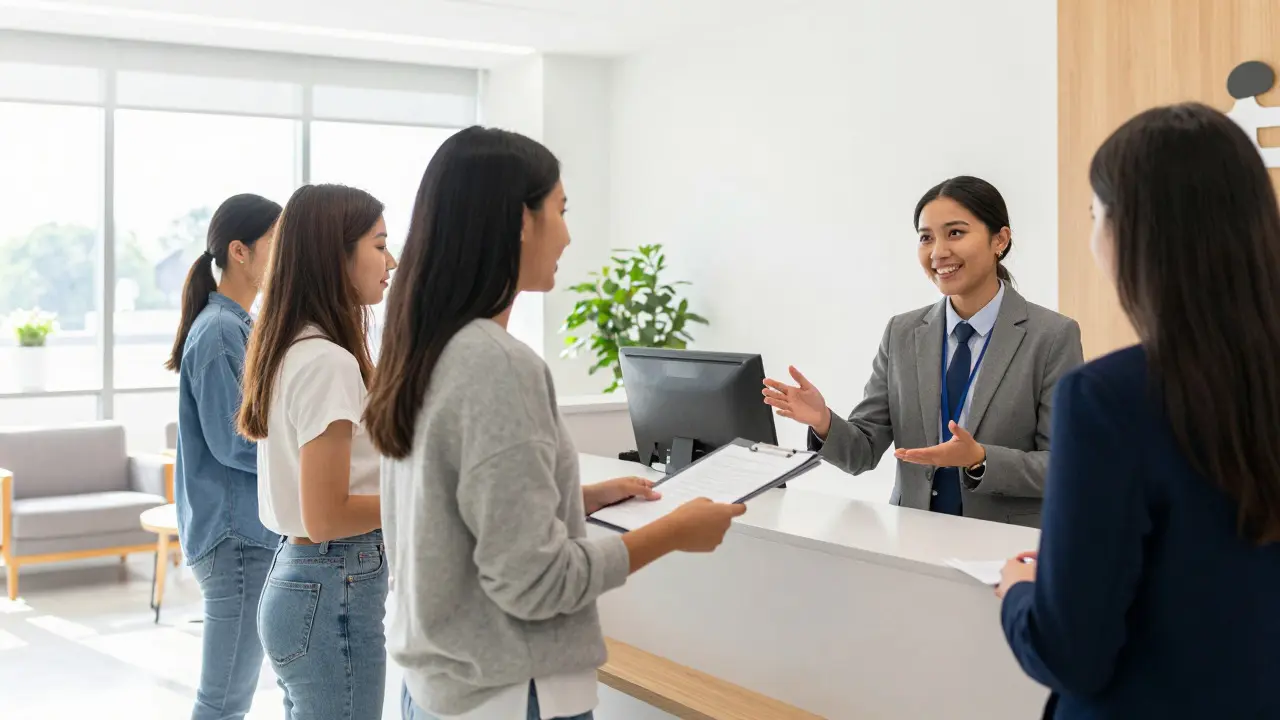 Students interacting with welfare officers in a bright university office