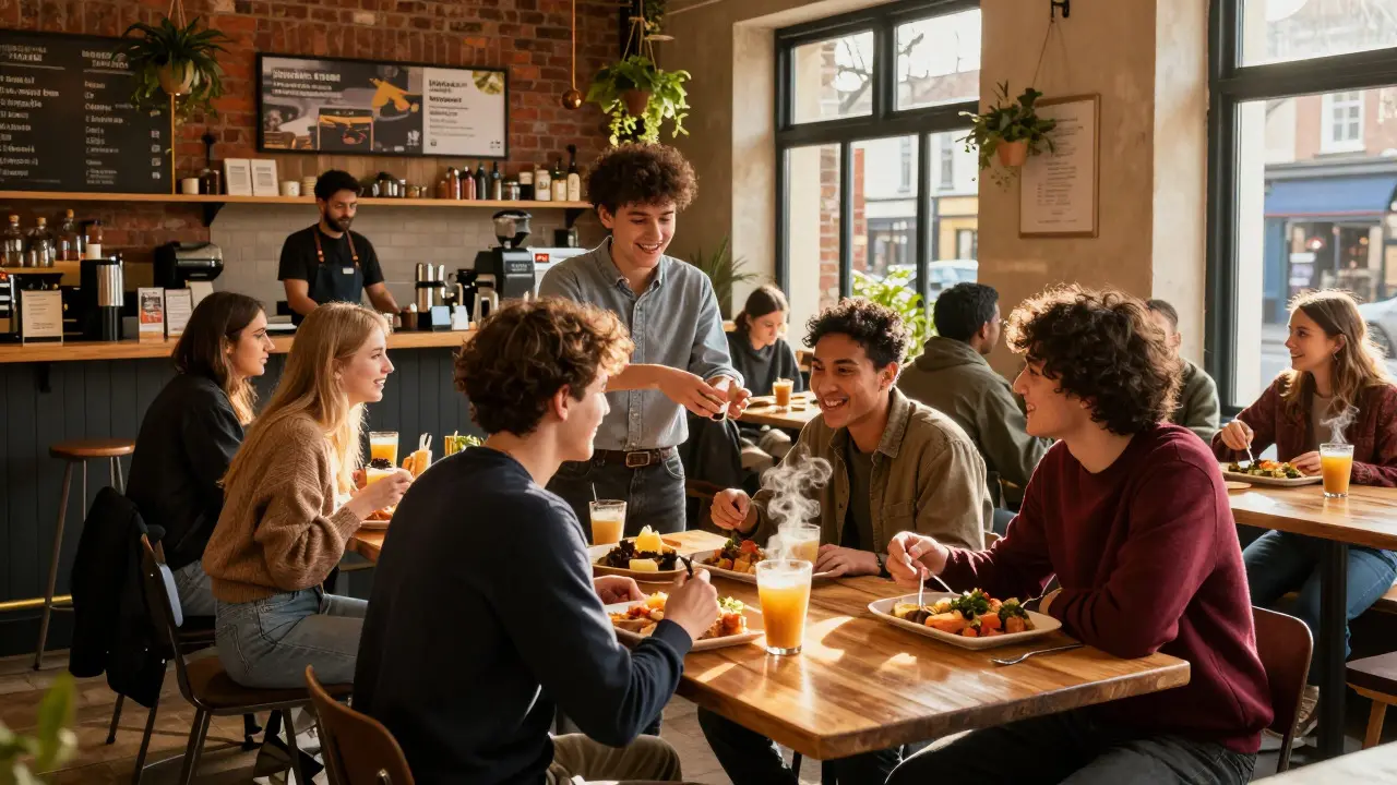 Students sharing food and chatting in a cozy independent cafe