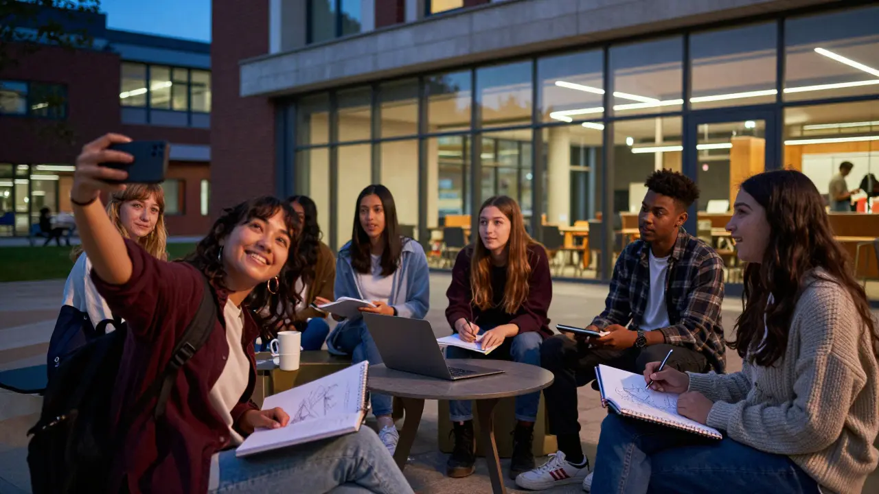 Students socializing and creating content in a UK campus lounge