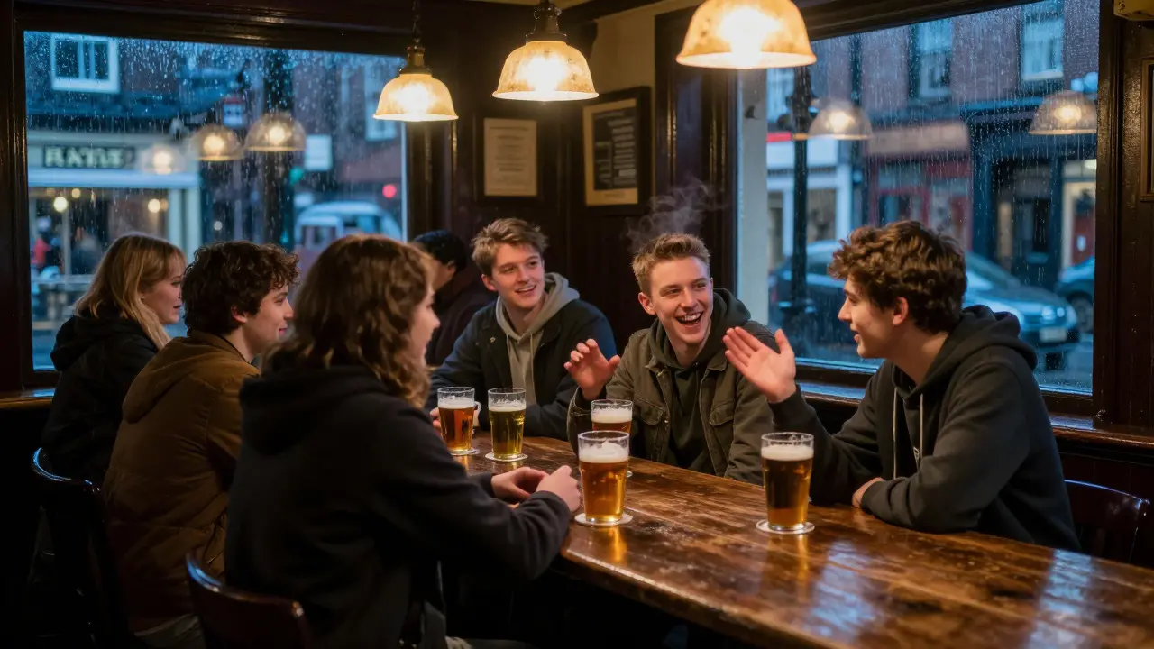 Students socializing warmly inside a traditional British pub on a rainy night