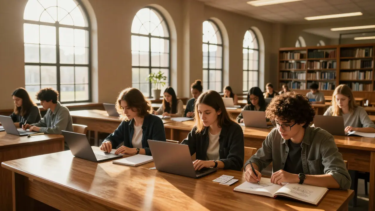 Students studying together in a sunlit university library