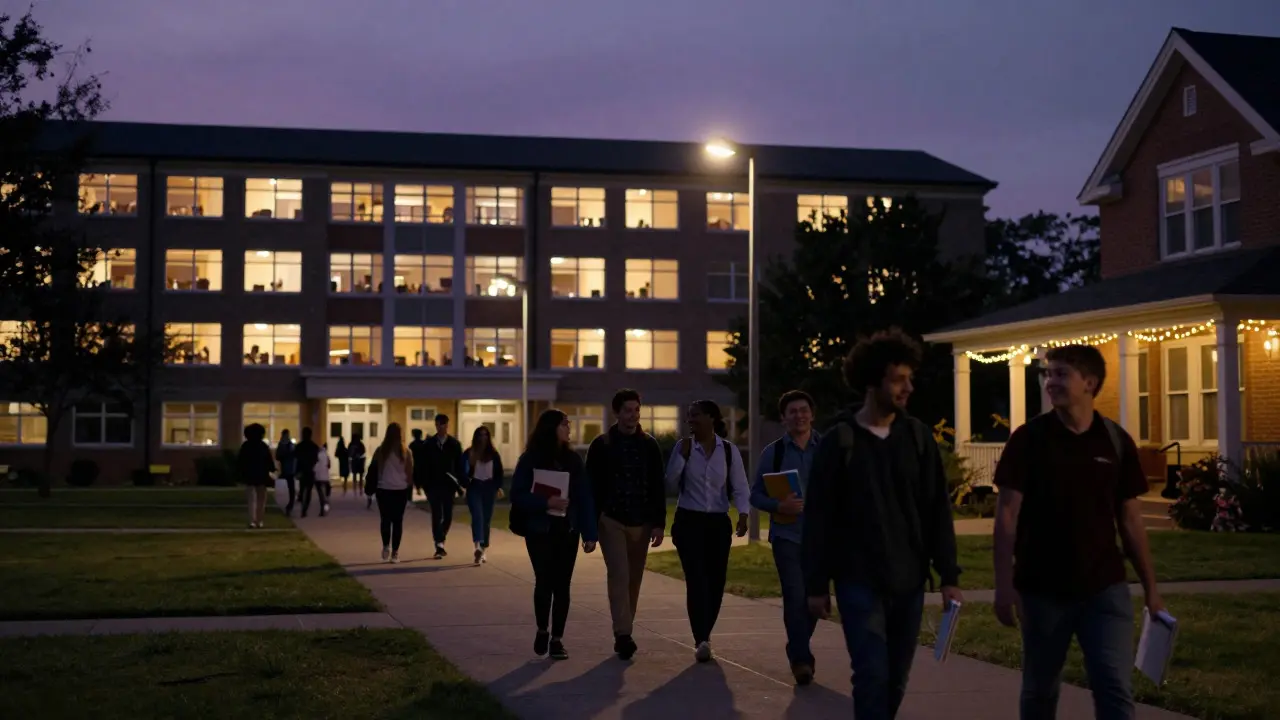 Students walking on a campus path near a lit hall of residence building at dusk