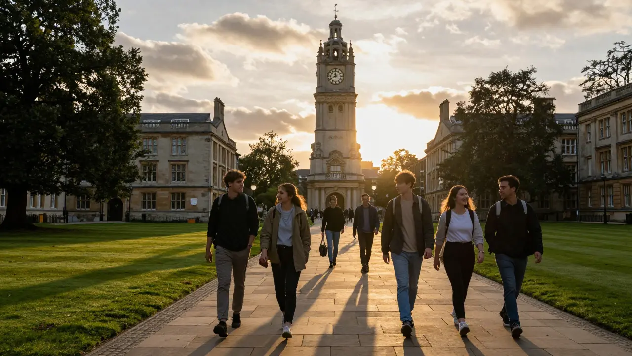 Students walking on a historic UK university campus during sunset