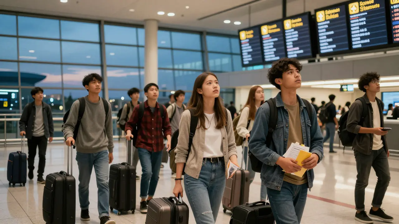Students with luggage waiting at an airport terminal at dusk