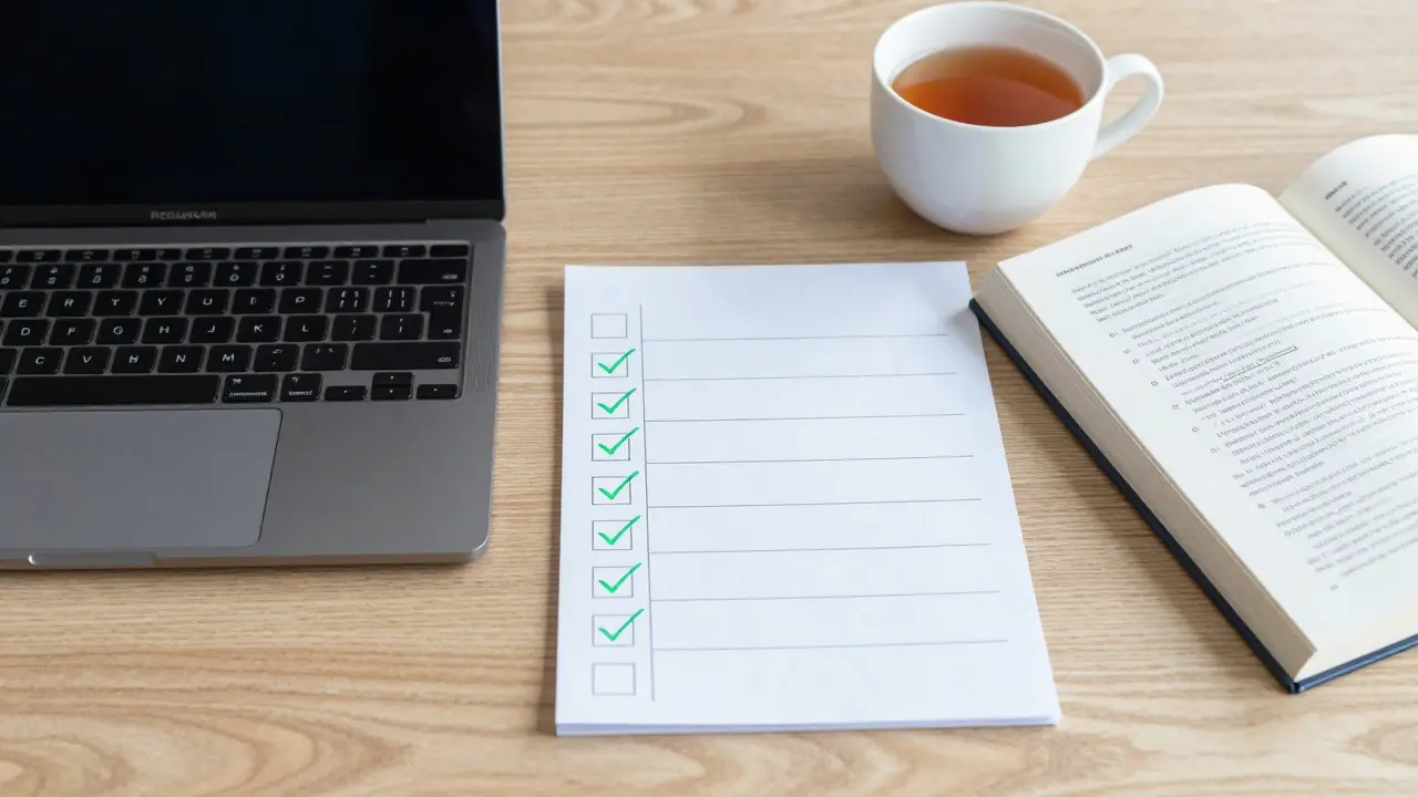 Study desk with a checklist of index cards and reference materials for submission