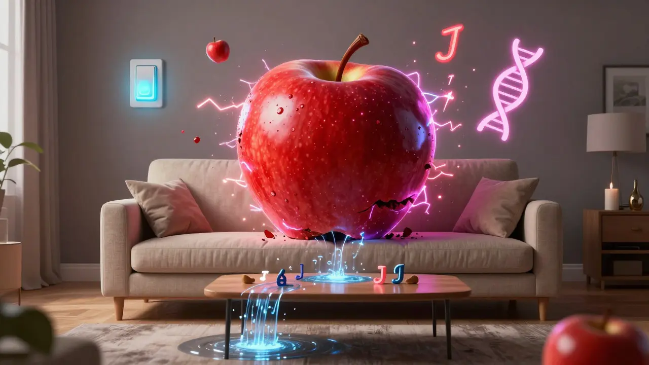 Surreal art of a giant glowing apple crushing a sofa with electric sparks