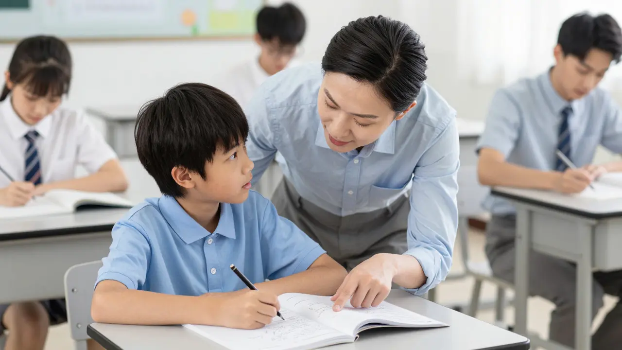 Teacher discussing assessment notes with a student in a classroom