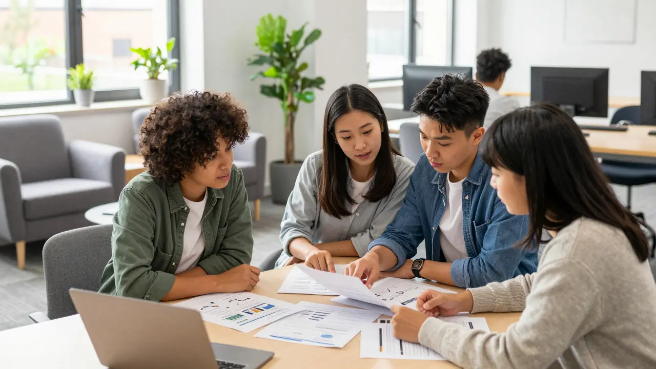Three students collaborating and reviewing documents in a university common room