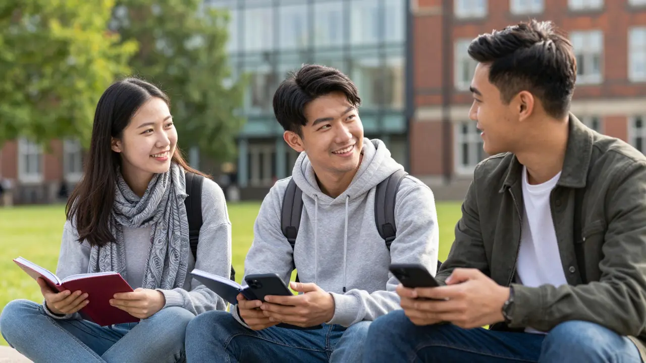 Three students having a friendly discussion on a university campus lawn