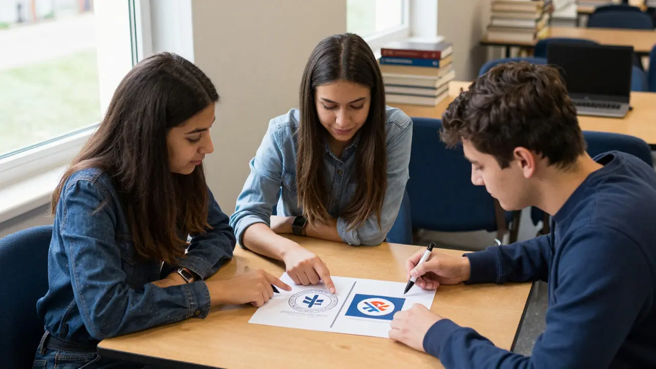Three students planning a joint event and reviewing a co-branded poster design