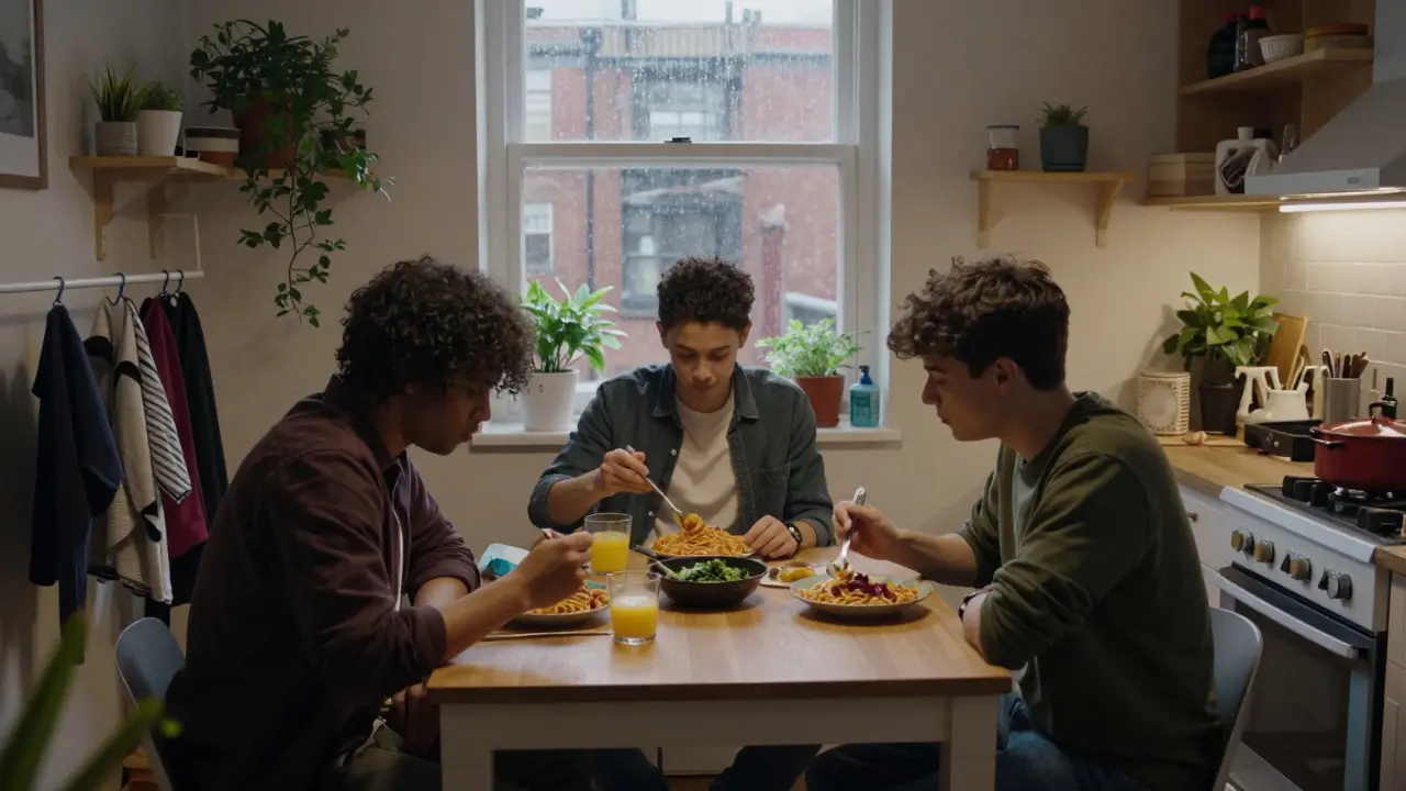 Three students sharing a meal in a cozy, cluttered shared flat kitchen