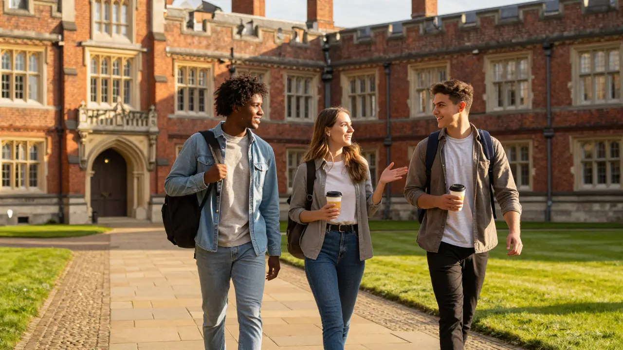 Three students walking and talking happily on a sunny university campus