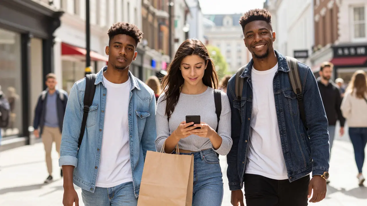 Three stylish students shopping on a busy London street with bags