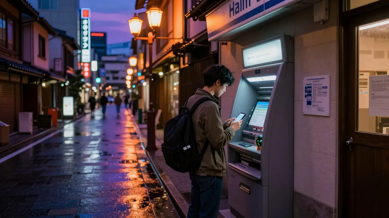 Traveler using an ATM on a neon-lit street in Tokyo at night