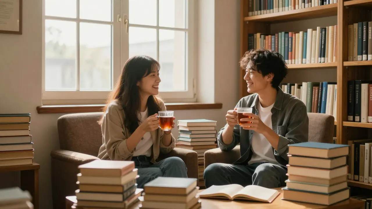 Two students relaxing and chatting in a sunlit university library