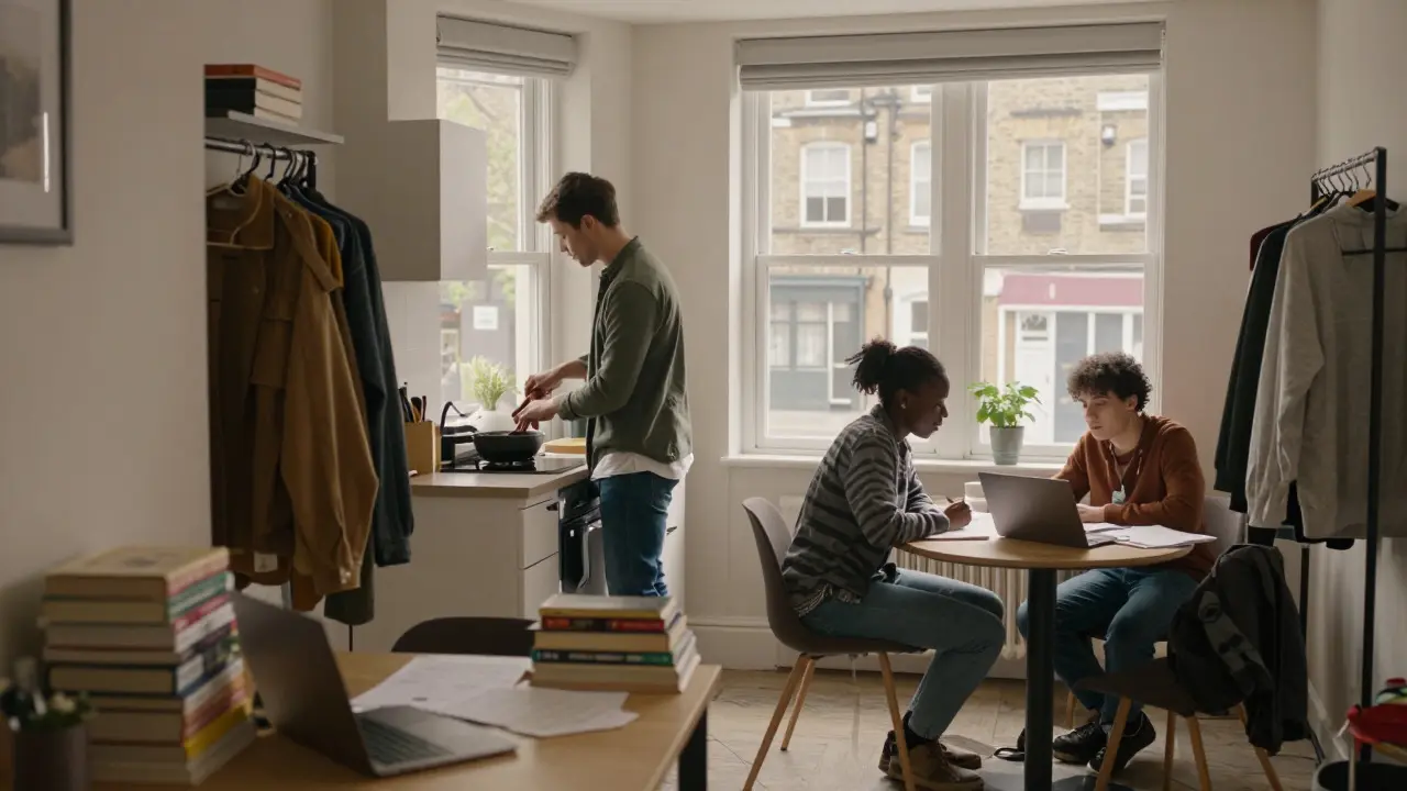 Two students sharing a modern city apartment, one cooking while the other studies at a desk