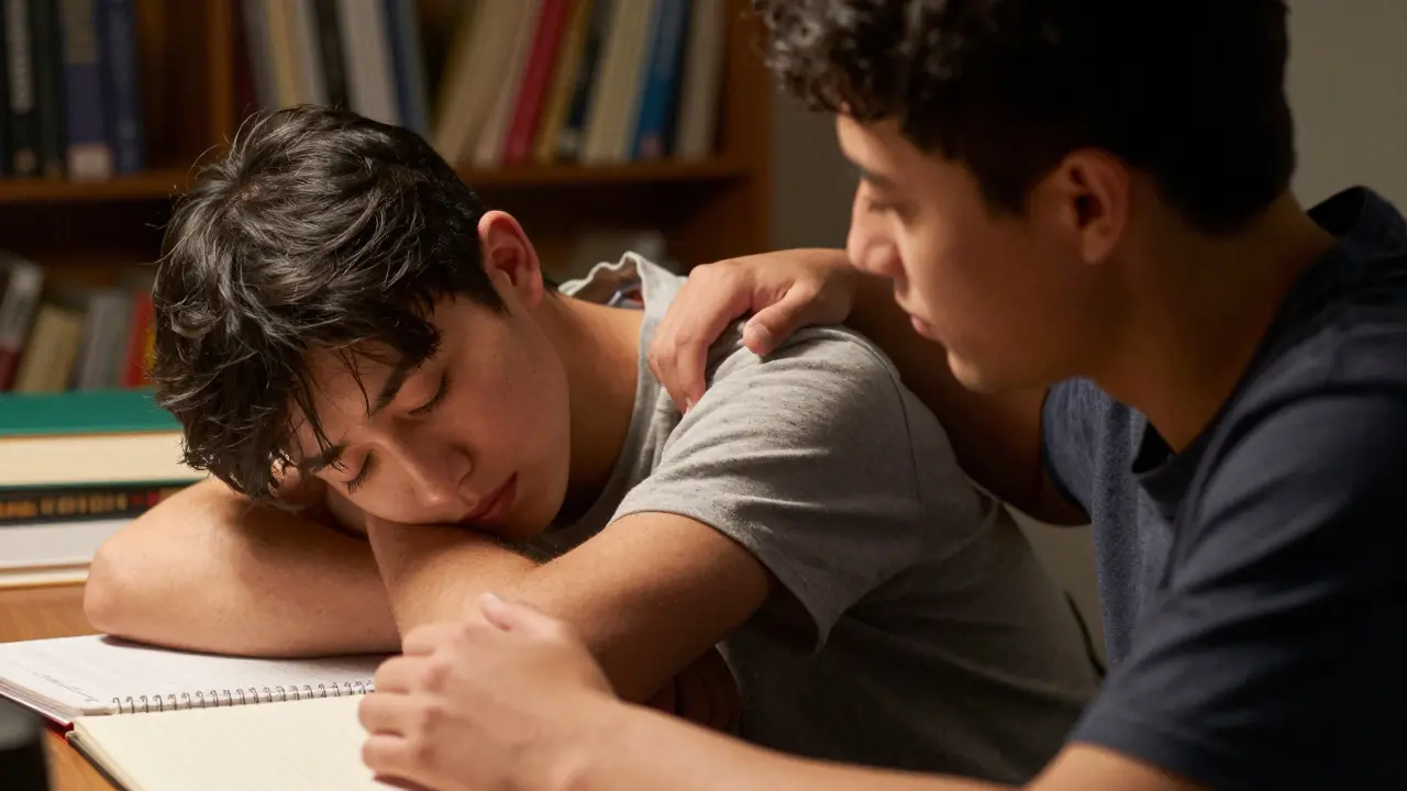 Two students sharing a moment of peer support in a study room