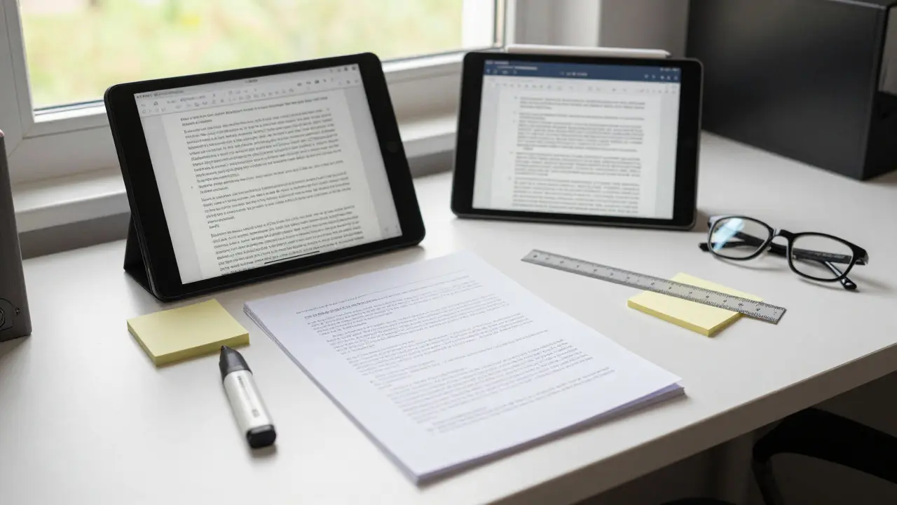 University desk with printed essay, tablet, and highlighting tools under daylight