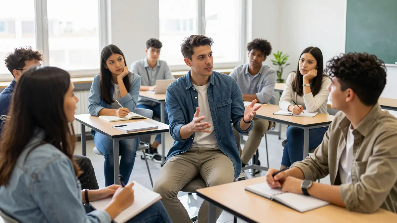 University students discussing concepts in a seminar room