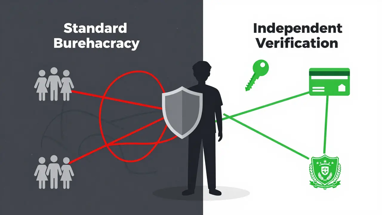 Vector art contrasting bureaucratic barriers with independent verification options