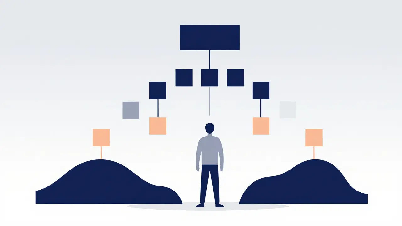 Vector illustration of a mediator balancing two opposing sides with structured rules