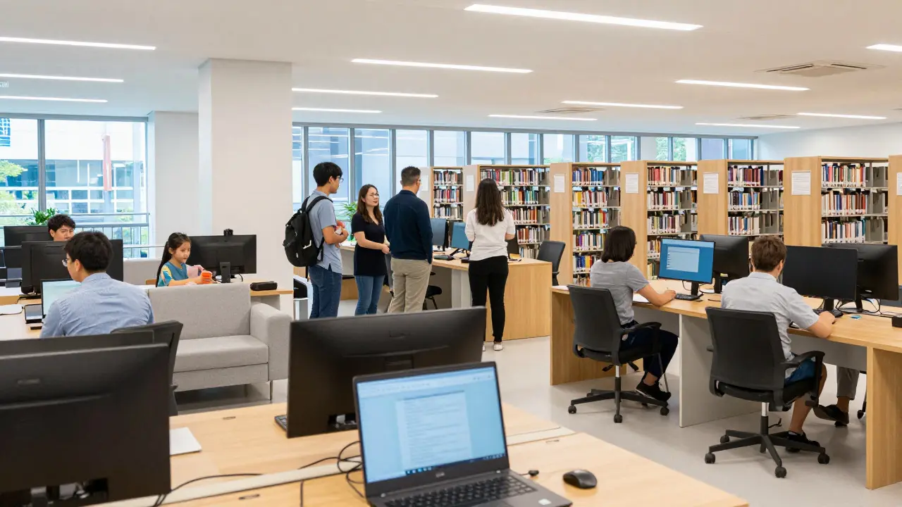 Visitors inspecting a modern, well-lit university library and computer lab